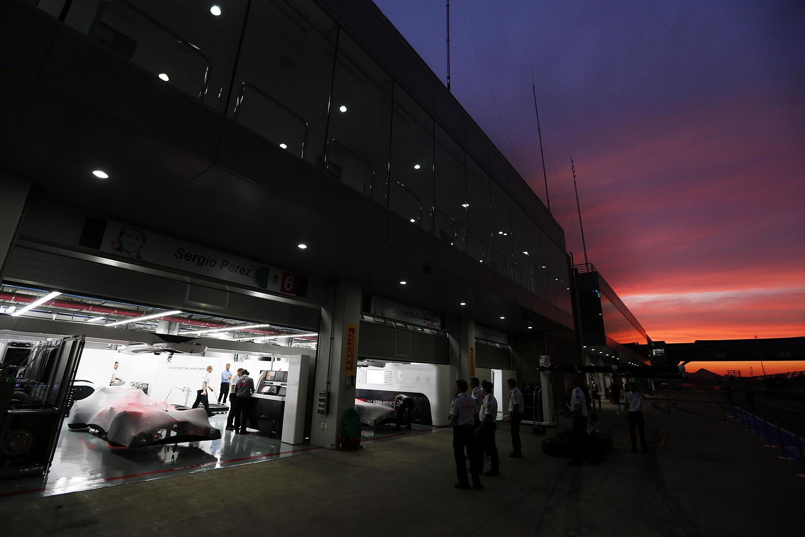 The Vodafone McLaren Mercedes garage at night