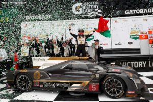 IMSA WeatherTech SportsCar Championship<br /> Rolex 24 Hours<br /> Daytona Beach, Florida, USA<br /> Sunday 28 January 2018<br /> #5 Action Express Racing Cadillac DPi, P: Joao Barbosa, Christian Fittipaldi, Filipe Albuquerque celebrates in victory lane<br /> World Copyright: Michael L Levitt<br /> LAT Images<br /> ref: Digital Image _68I0533