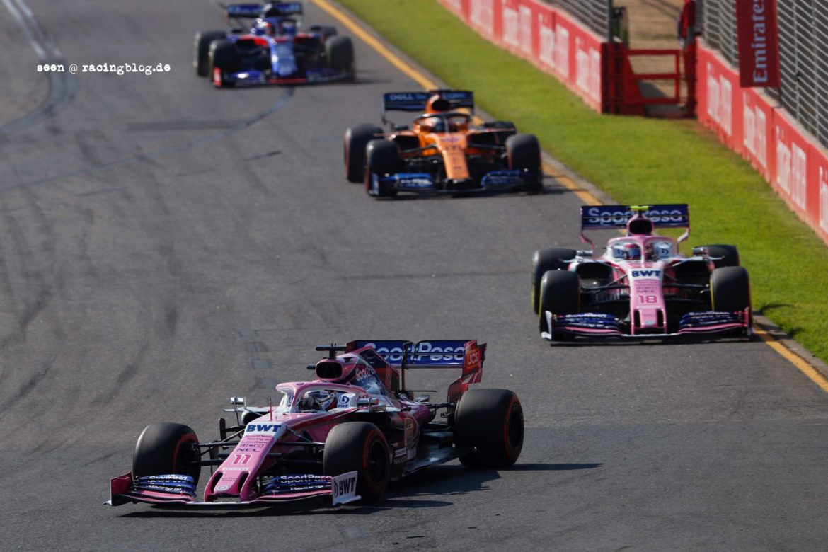 Sergio Perez, Racing Point RP19, leads Lance Stroll, Racing Point RP19