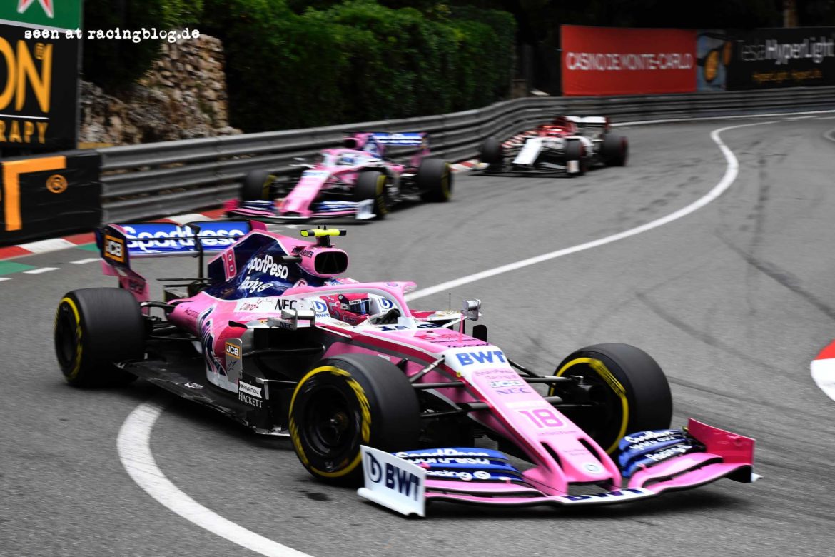 Lance Stroll, Racing Point RP19, leads Sergio Perez, Racing Point RP19