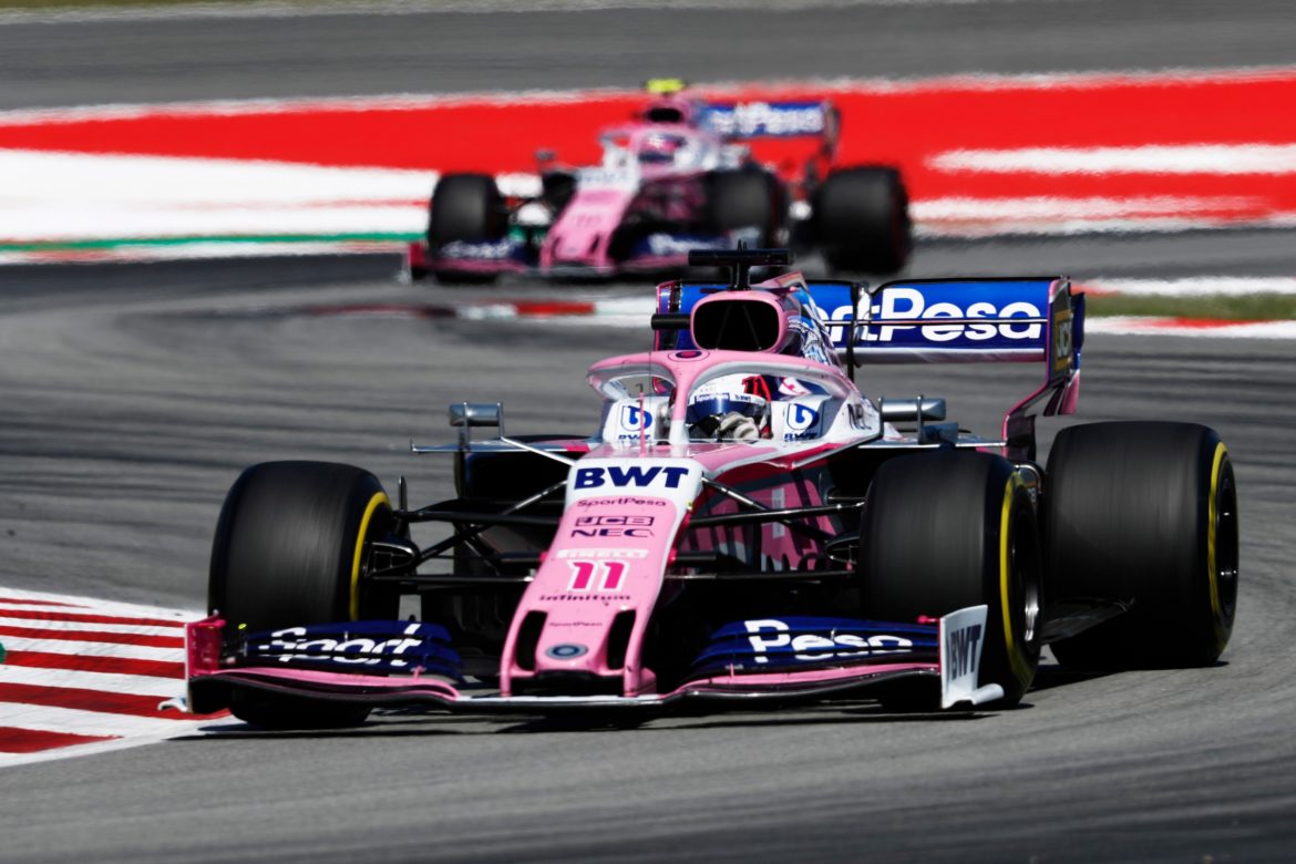 Sergio Perez, Racing Point RP19, leads Lance Stroll, Racing Point RP19