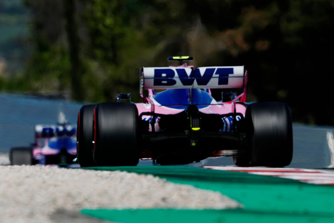 Sergio Perez, Racing Point RP19, leads Lance Stroll, Racing Point RP19
