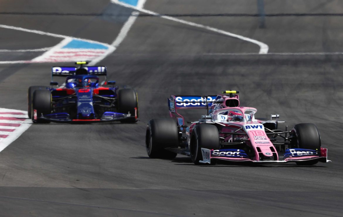 Lance Stroll, Racing Point RP19 and Alexander Albon, Toro Rosso STR14