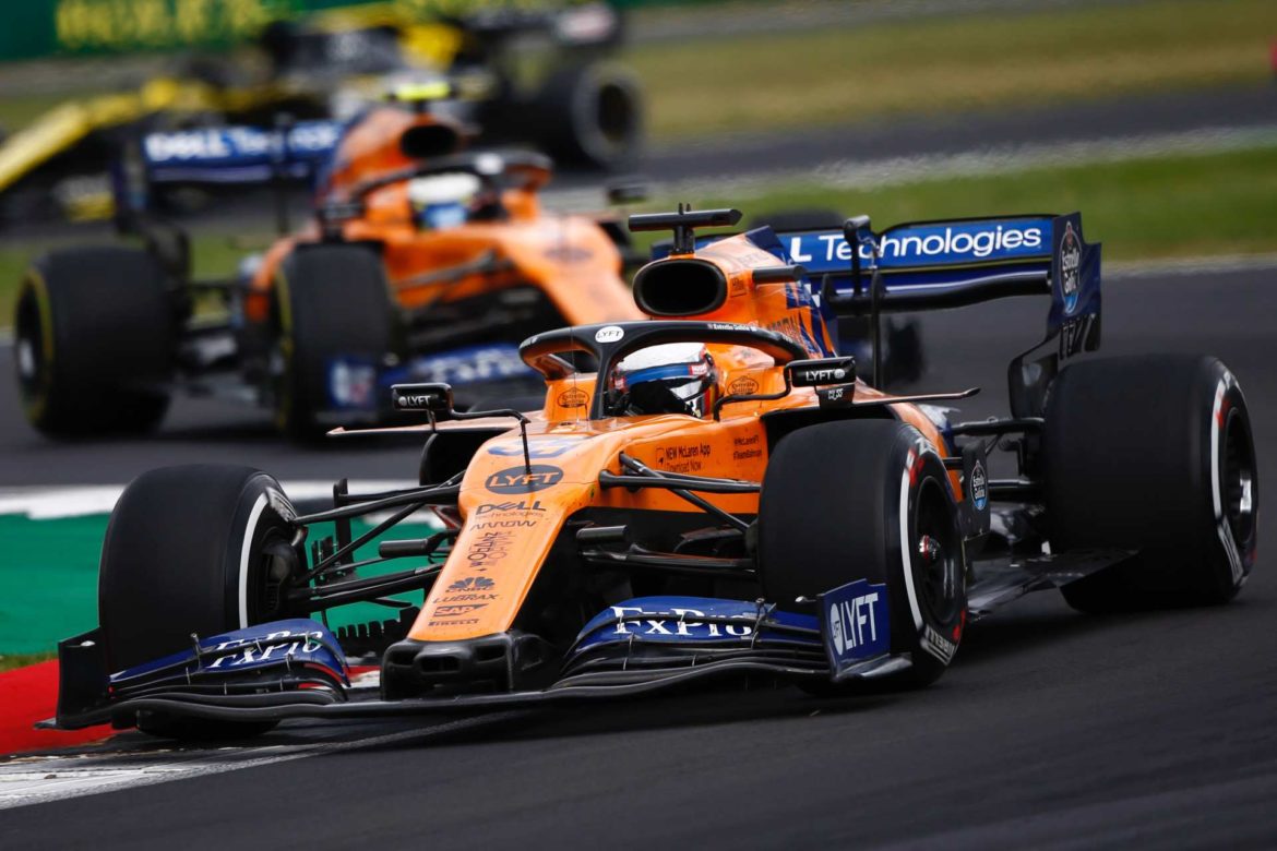 Carlos Sainz, McLaren MCL34, leads Lando Norris, McLaren MCL34