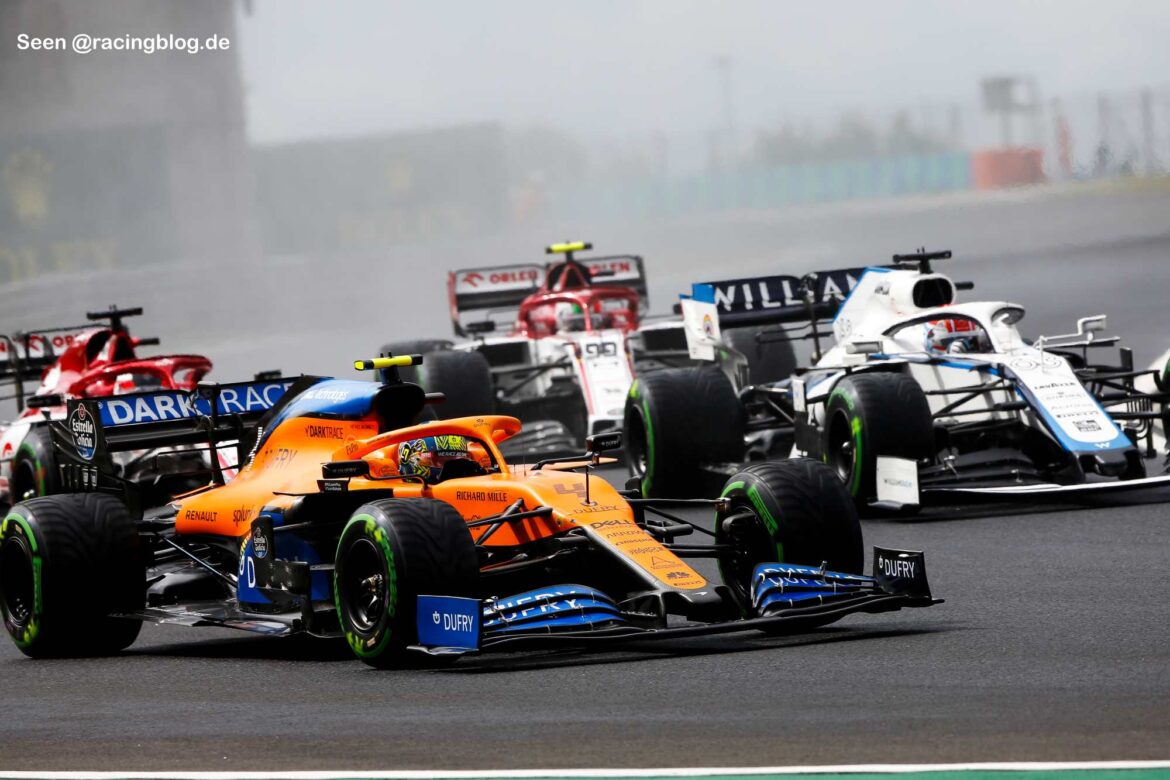 Lando Norris, McLaren MCL35 and George Russell, Williams FW43
