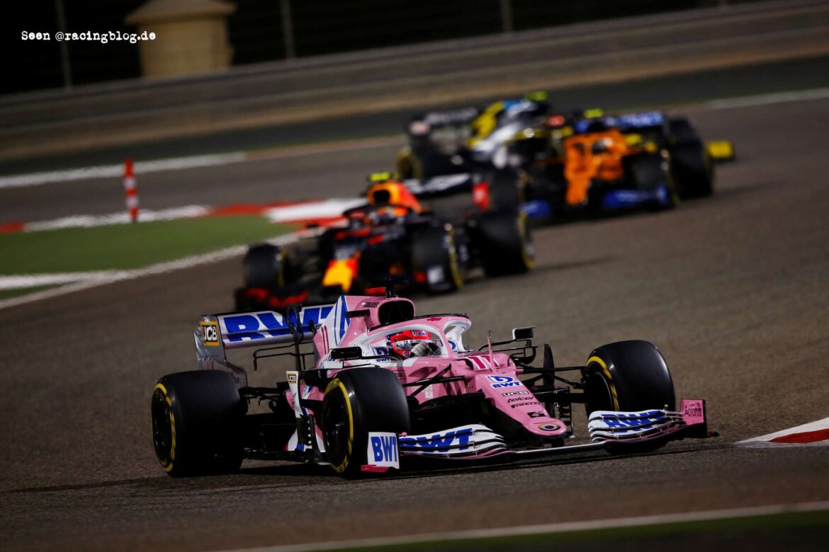 Sergio Perez, Racing Point RP20, leads Alexander Albon, Red Bull Racing RB16
