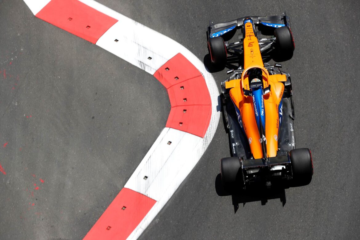 Daniel Ricciardo, McLaren MCL35M aerial shot at corner