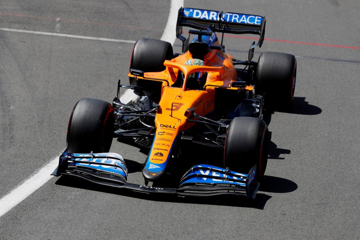 Daniel Ricciardo, McLaren MCL35M, exits the pit lane