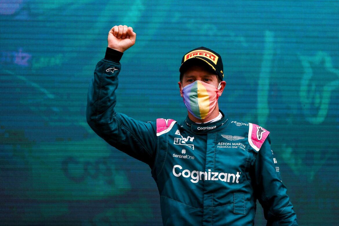 Sebastian Vettel, Aston Martin, 2nd position, on the podium