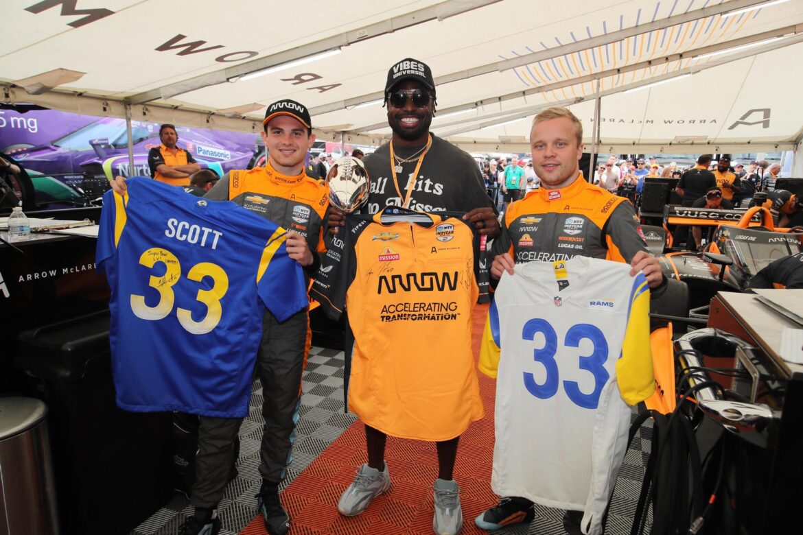 Los Angeles Rams safety Nick Scott with Pato O'Ward and Felix Rosenqvist – Acura Grand Prix of Long Beach – By_ Chris Owens_Large Image Without Watermark_m53717