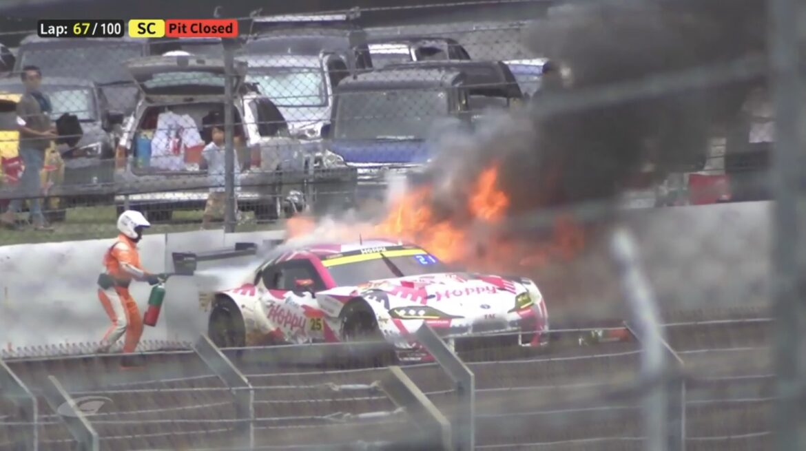 SUPER GT Fuji 2023 Hoppy Schatz GR Supra Fire Incident